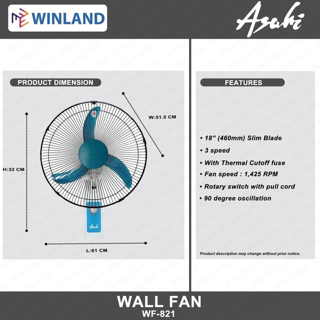 Asahi by Winland 18 inch Wall Fan | Electric Fan w/ Thermal Cut Off Fuse WF-821