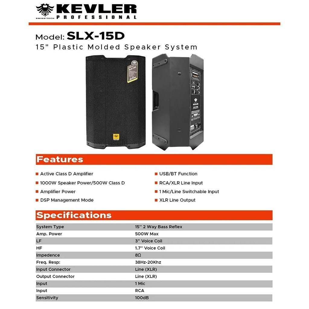 Kevler 1pc SLX-15D 15 Inches 2 Way Full Range Active Speaker 500W Class D Amp w/USB & BT