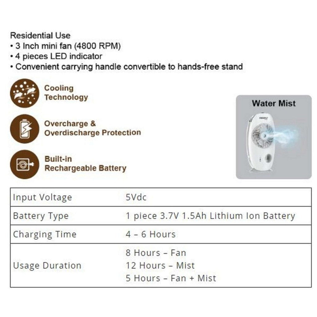 Firefly 3" Multifunctional Handy Mist Fan FEL801 with Built-in Rechargeable Battery