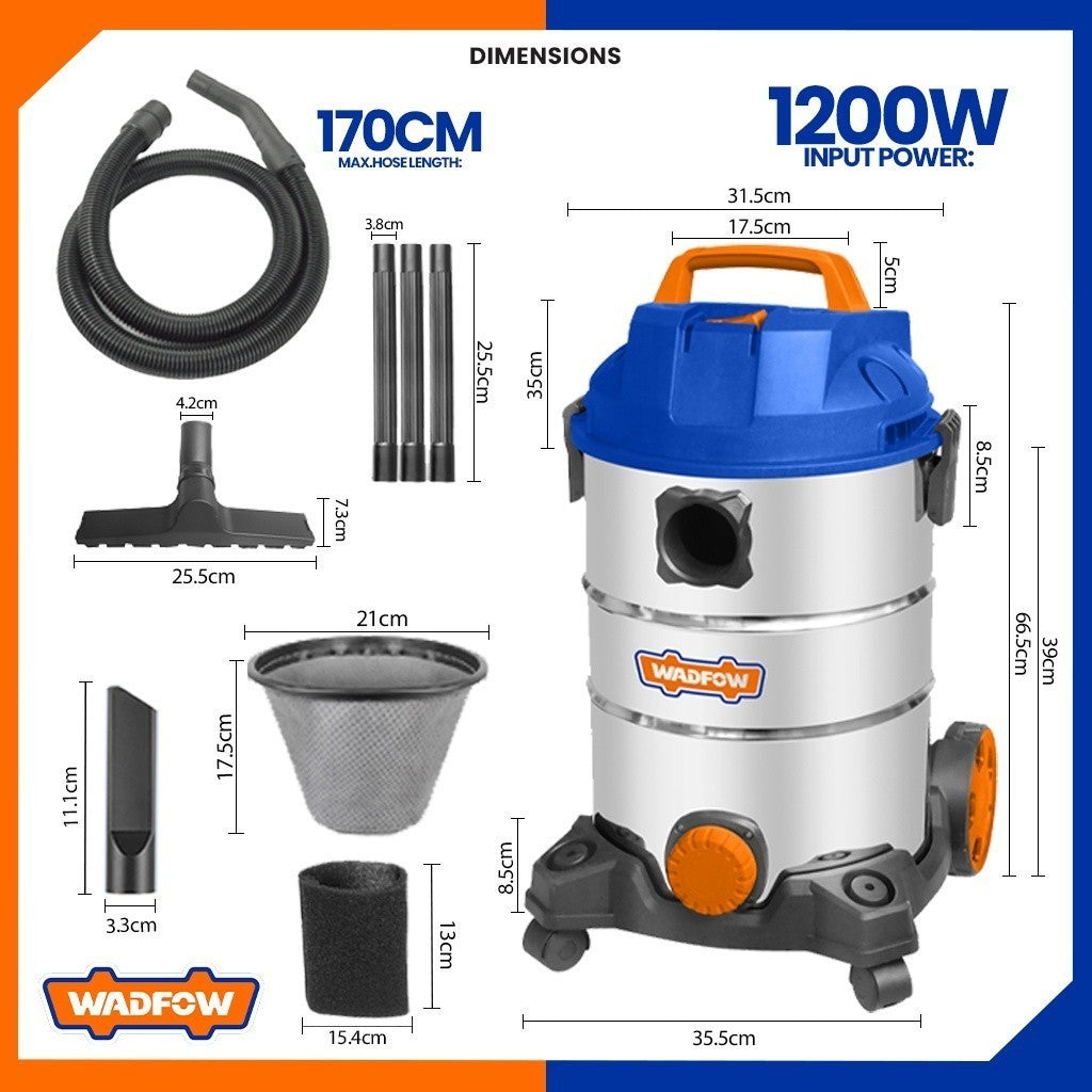 Wadfow 30 Liters Wet & Dry Vacuum Cleaner 30L Capacity 1200W