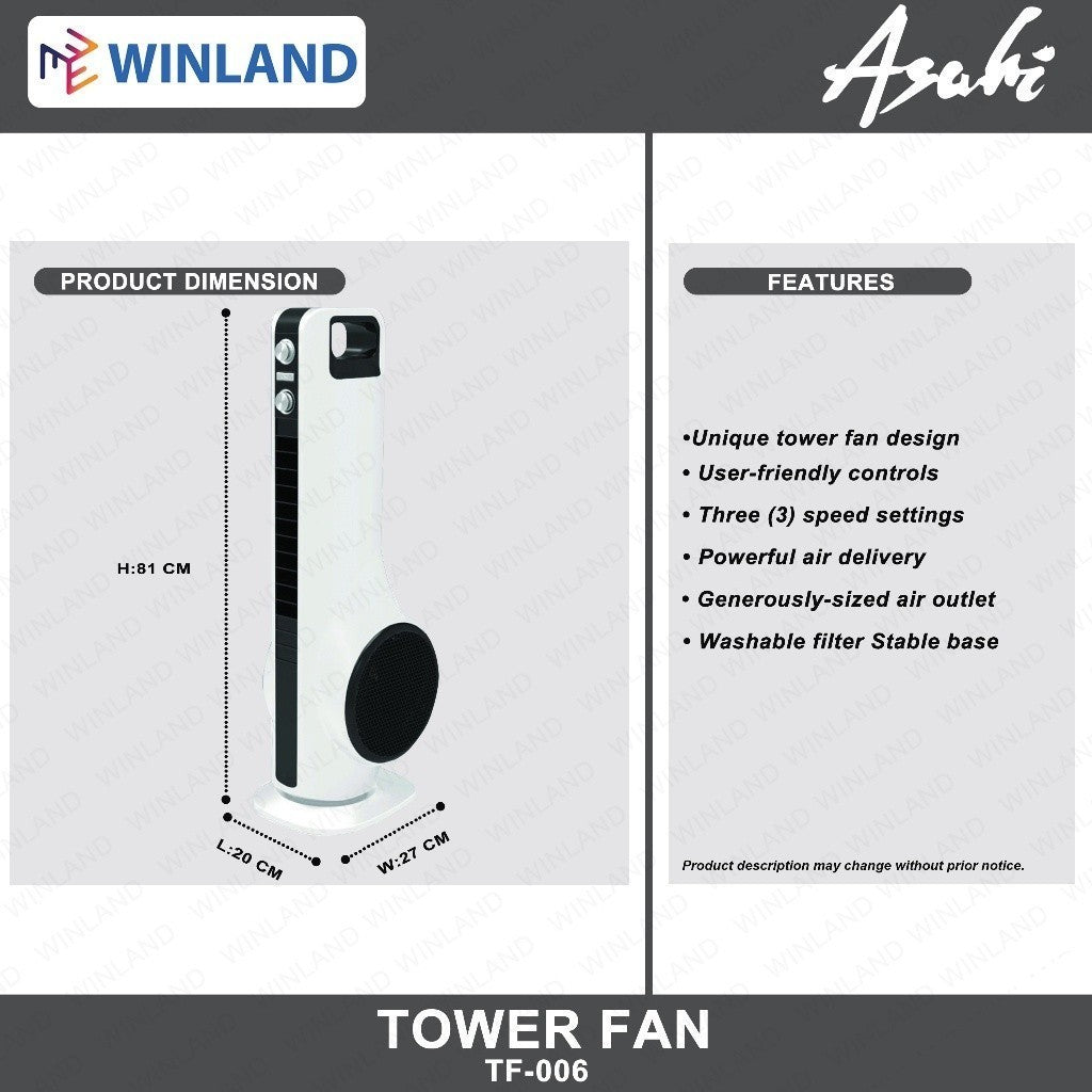 Asahi by Winland Tower Fan | Electric Fan w/ Powerful Air Delivery TF 006