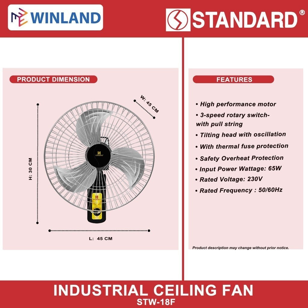 Standard Appliances by Winland Industrial 18 Inches Wall & Ceiling Fan / Electric Fan STW-18F