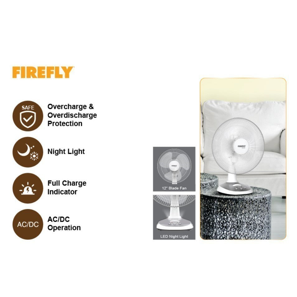 FIREFLY by Winland 12 Inches Rechargeable Desk Fan Electric Fan with LED Night Light FEL6112