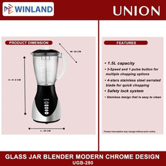 Union 1.5L Break-Resistant Glass Jar Blender Modern Chrome Design w/ Miller UGB-280