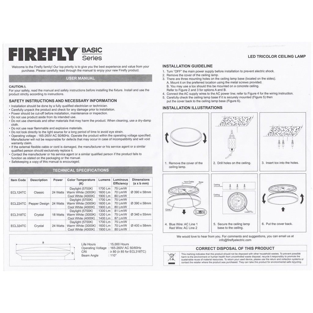 Firefly by Winland Tri-Color Crystal Ceiling Lamp Basic Series LED Light - ECL324TC