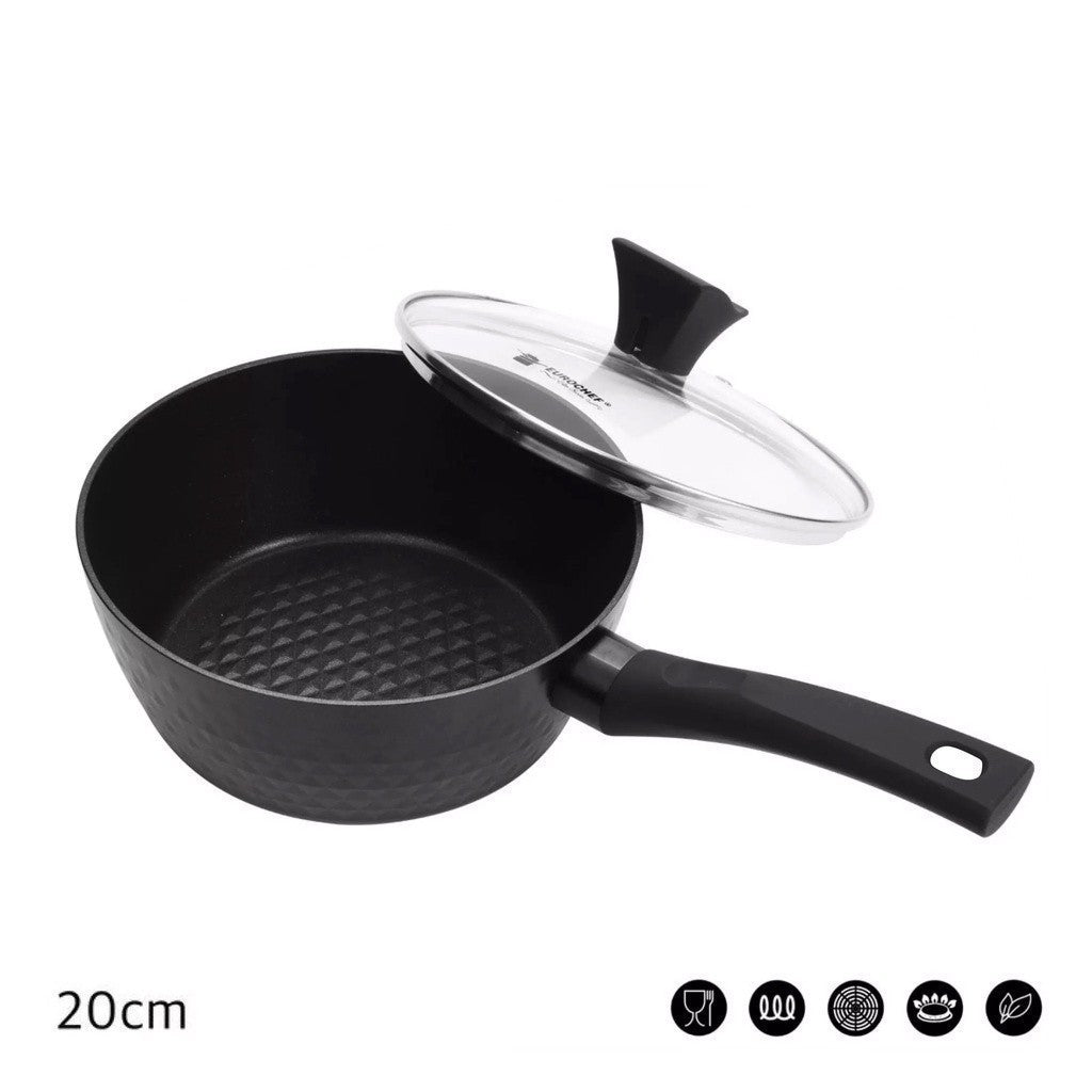 Eurochef by Winland 20cm Non-Stick 3D Diamond Sauce Pan w/ Cover Glass Lid Handle Aluminum Cookware