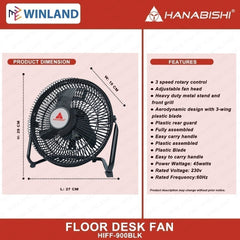 Hanabishi by Winland 9 Inches Industrial Floor Desk Fan Electric Fan HIFF-900BLK