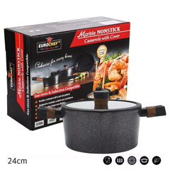 Eurochef by Winland 24cm Non-Stick Round Marble Casserole EC05 w/Tempered Glass Silicone Lid Cover