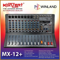 Konzert by Winland 12CH PRO Mixer - Mic+Line In, EQ & Effect, MP3/Rec vis USB, BT, PC Sound Card-XLR