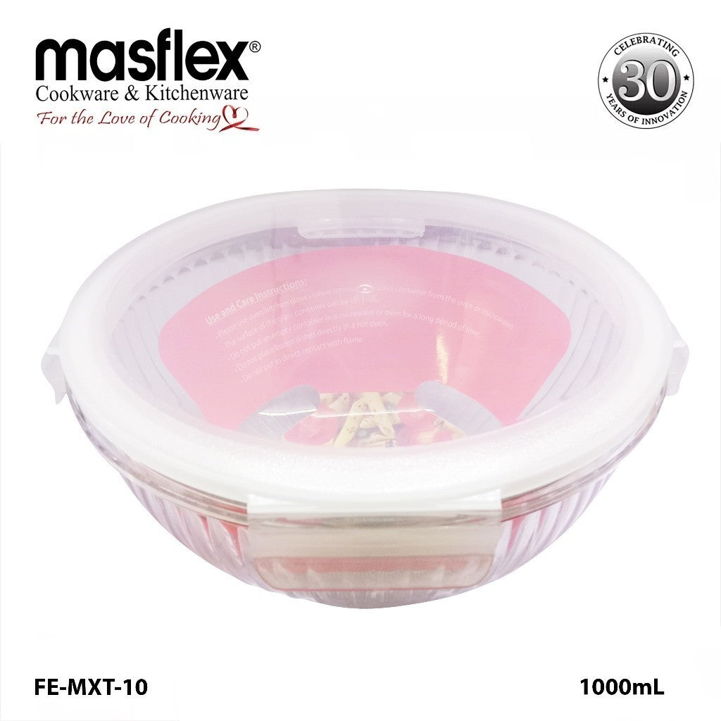 Masflex by Winland 1000ml / 2000ml Airtight Round Linear Borosilicate Glass Food Container