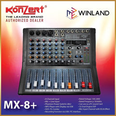 Konzert by Winland 8CH PRO Mixer - Mic + Line In EQ & Effect, MP3/Rec vis USB, BT, PC Sound Card-XLR