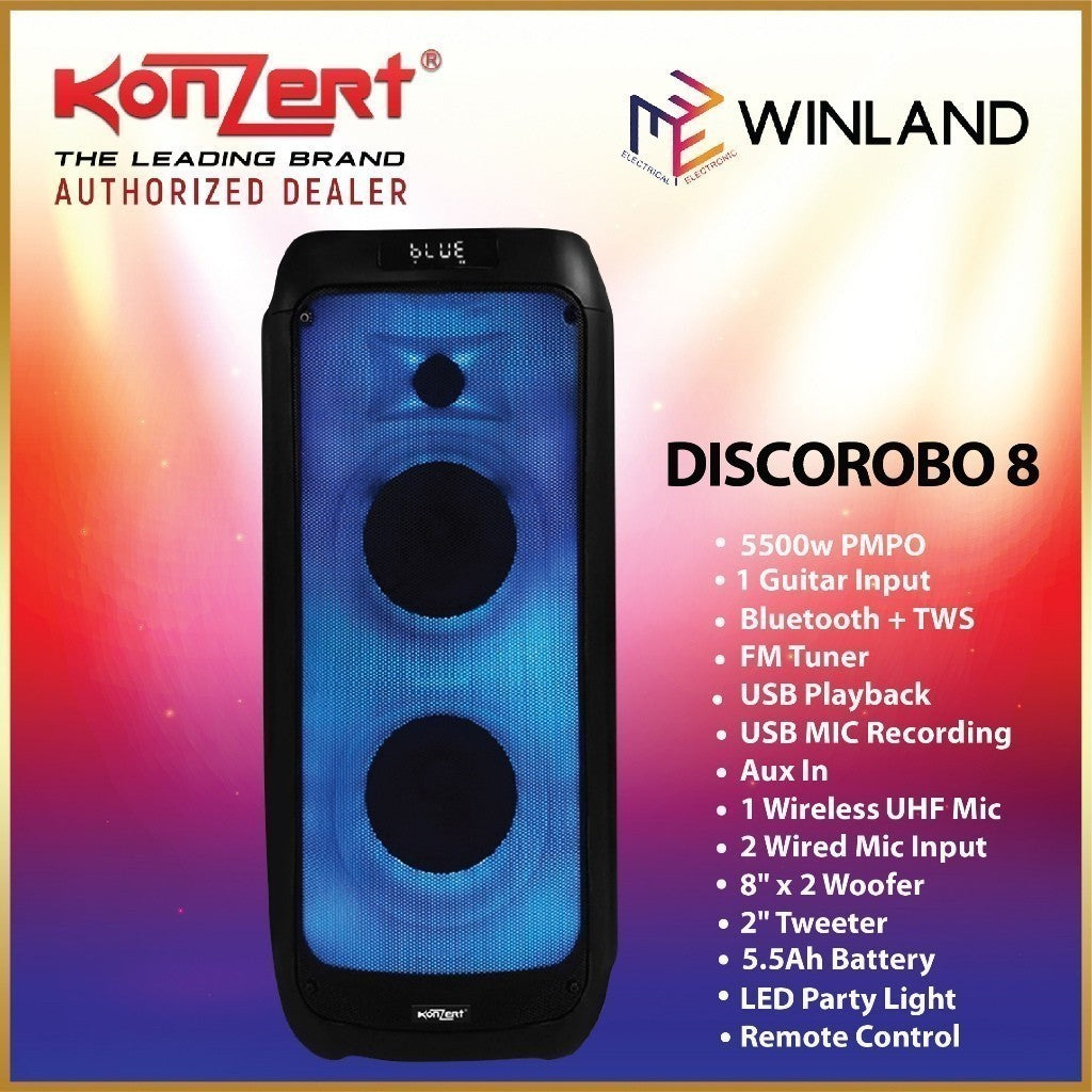Konzert by Winland Disco Robo 8 Party Box Portable Speaker System with Wireless Microphone