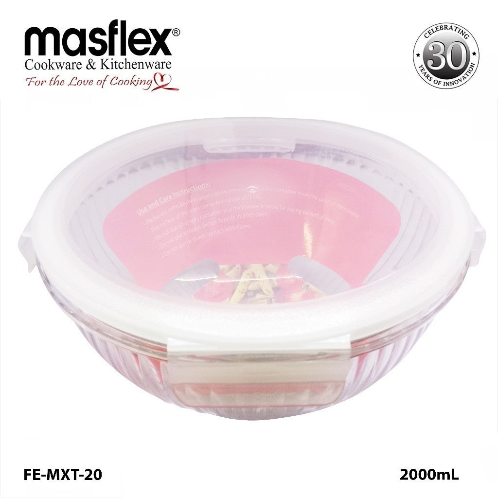 Masflex by Winland 1000ml / 2000ml Airtight Round Linear Borosilicate Glass Food Container
