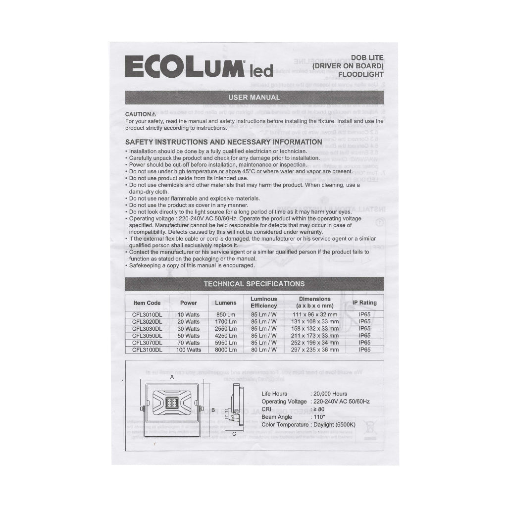 Ecolum by Winland DOB LED Floodlight (10Watts-50Watts / 220-240V AC 50/60Hz) Daylight