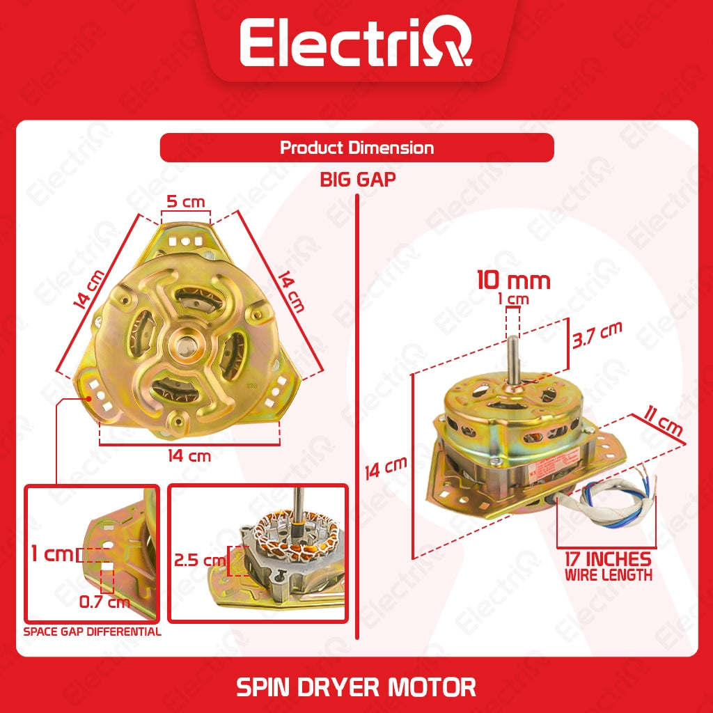 Electriq 100% Pure Copper Spin Dryer Motor Big / Small Gap Copper Windings