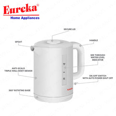 Eureka by Winland 1Liter Electric Kettle Stainless Inner Base See-Through Water Indicator EKR-1.0LW