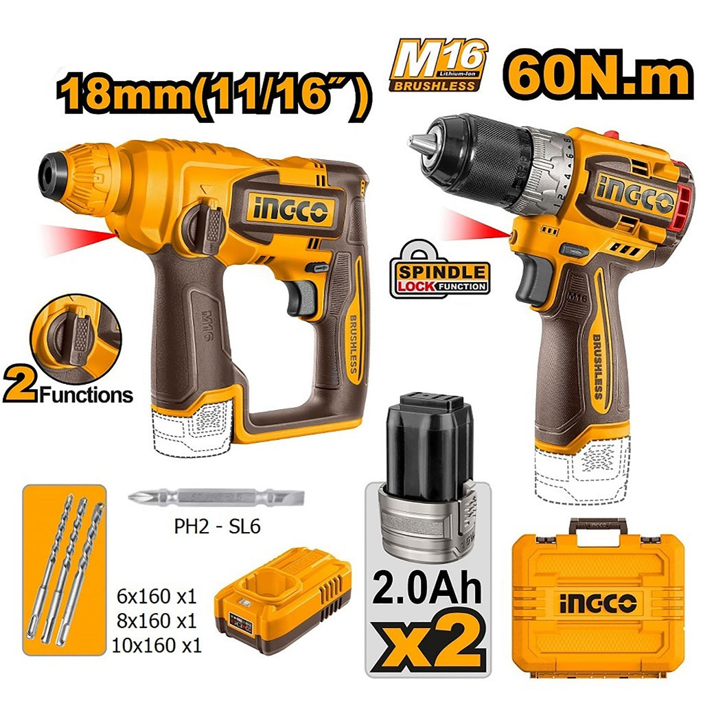 Ingco by Winland 16V/M16 4PCS Combo Kit With 2pcs M16 2.0Ah Battery Pack COSLI241295 ING-CT