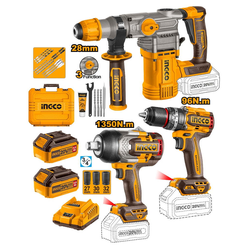 Ingco by Winland P20S/20V Lithium-Ion 3PCS Combo Kit w/ 2PCS 5.0Ah Battery Pack COSLI250281 ING-CT