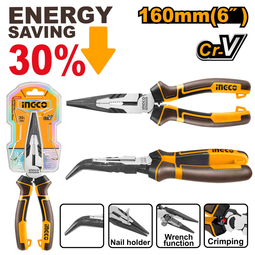 Ingco by Winland 6inches/160mm High Leverage Curved Nose Plier Cr-V Steel Material HHBNP28160 ING-HT