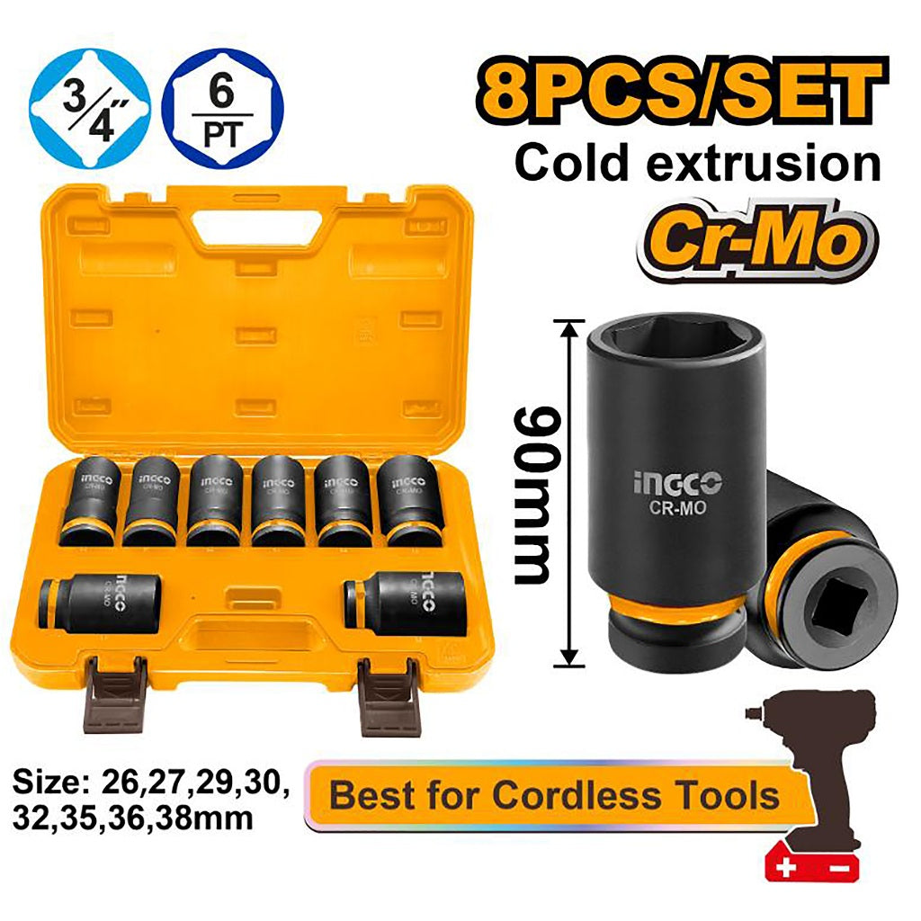 Ingco by Winland 8PCS 3/4inches Dr. Deep Impact Socket Set HKISSD34082L ING-HT