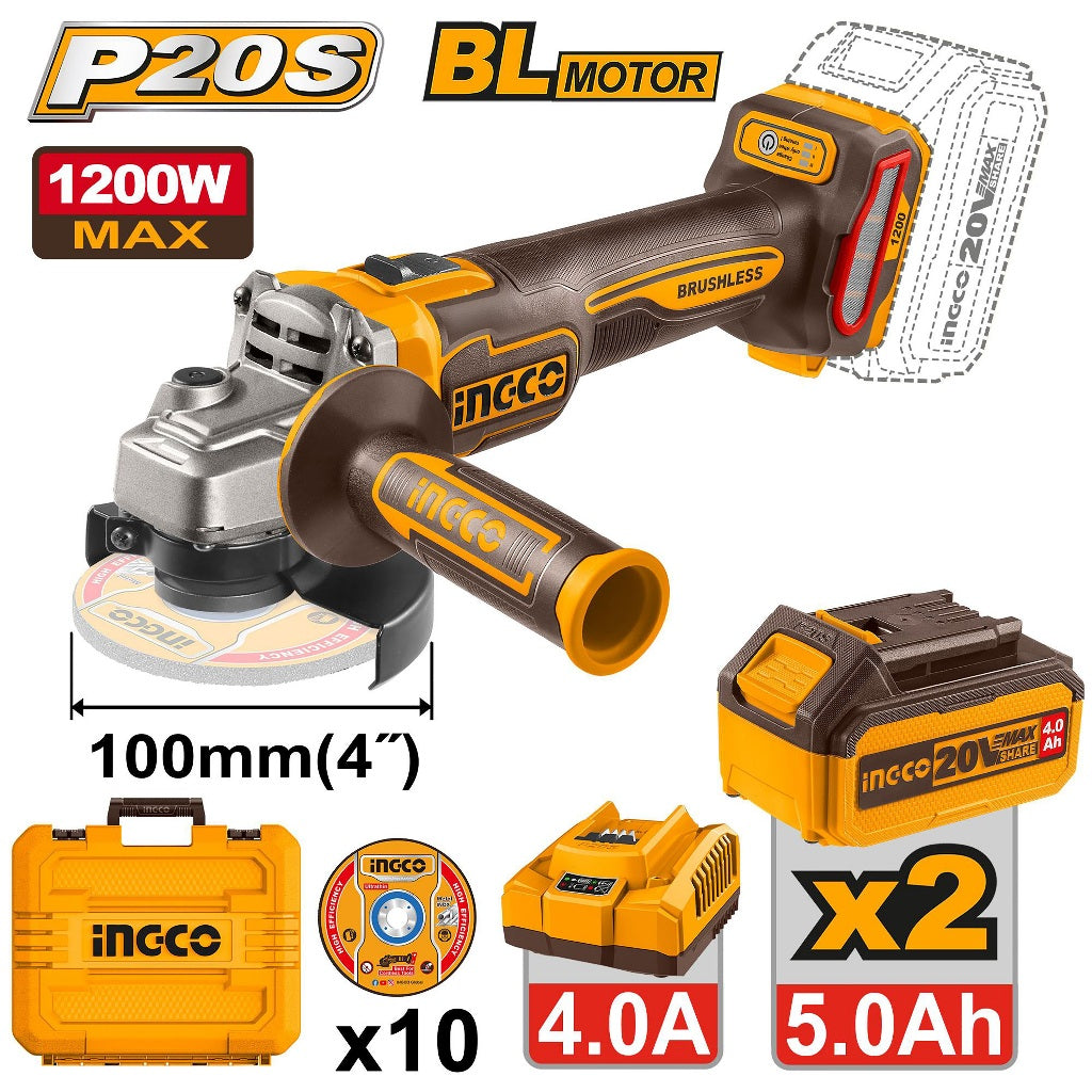 Ingco by Winland P20S/20V Brushless Motor Lithium-Ion Cordless Angle Grinder CAGLI2210032 ING-CT
