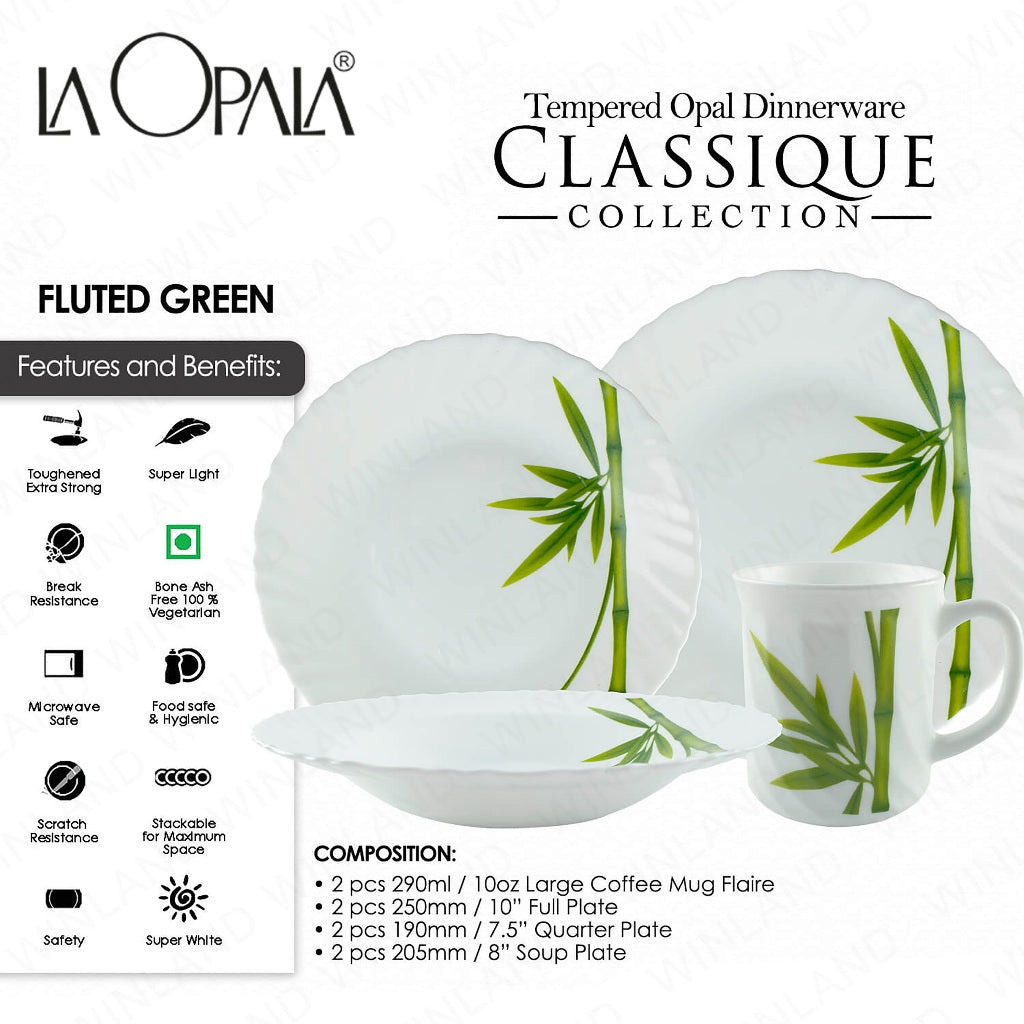 La Opala by Masflex 8PCS/Set Classique Decorated Tempered Glass/Microwave Safe Fluted Green OP-8FG