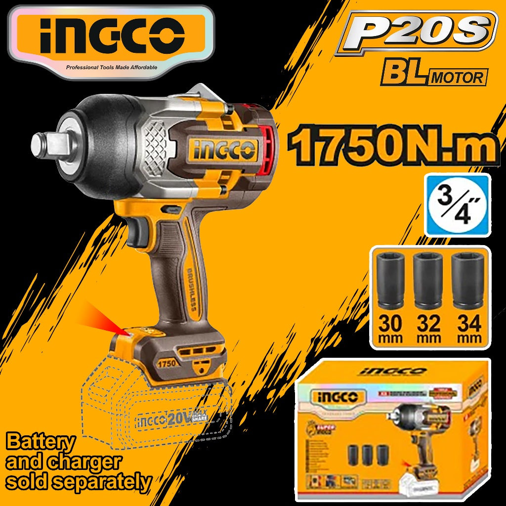 Ingco by Winland P20S/20V Lithium-Ion Brushless Cordless Wrench 1750NM CIWLI201751 ING-CT