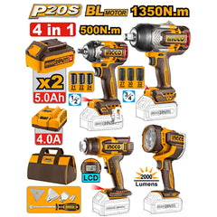 Ingco by Winland P20S/20V Lithium-Ion 4PCS Combo Kit with Cordless Impact Wrench COSLI241293 ING-CT