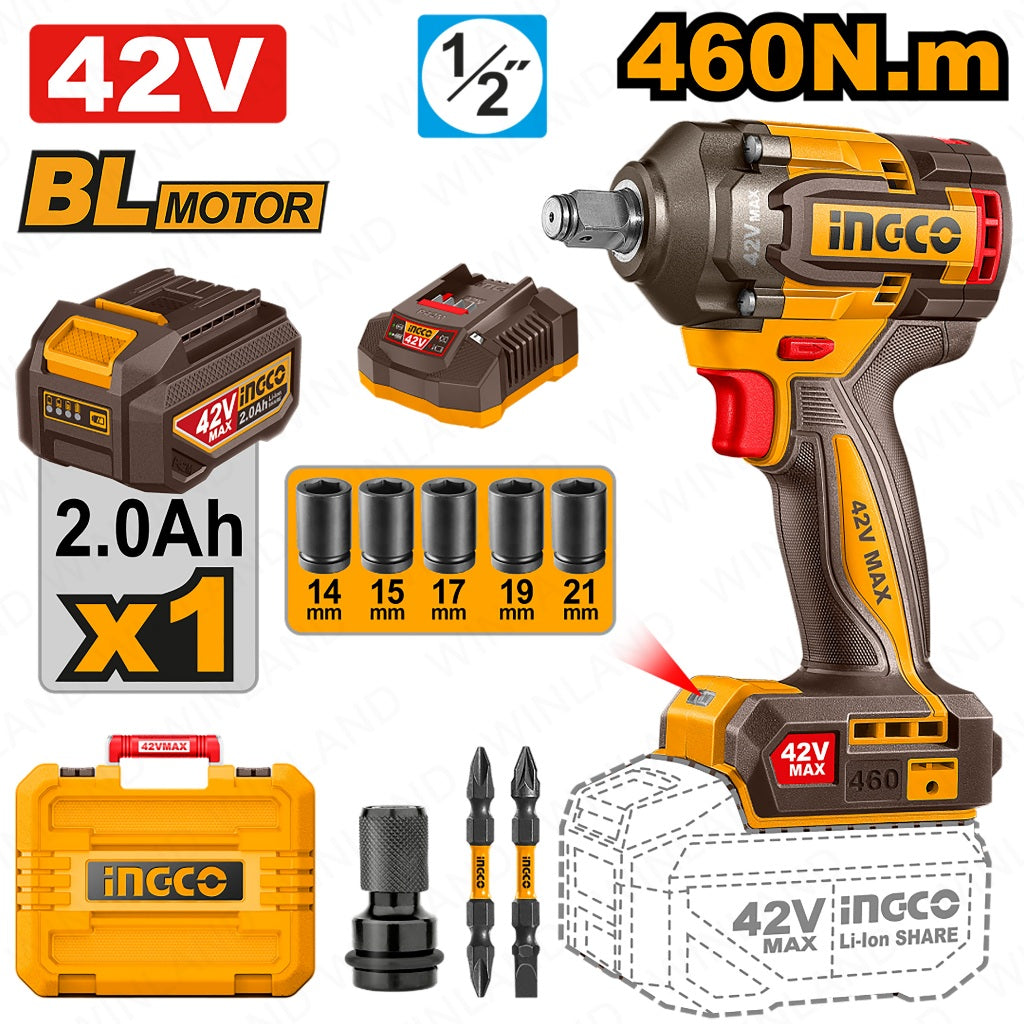 Ingco by Winland 42V/460NM(1/2inches) Brushless Motor Lithium-Ion Cordless Impact Wrench CIWLI42461