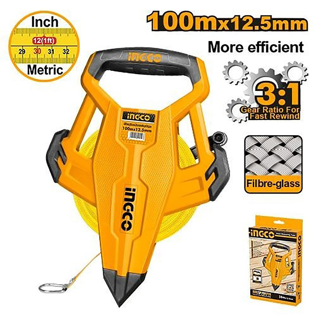 Ingco by Winland Fiberglass Measuring Tape with 3:1 Gear Ratio for Fast Rewind HFMT83100 ING-HT