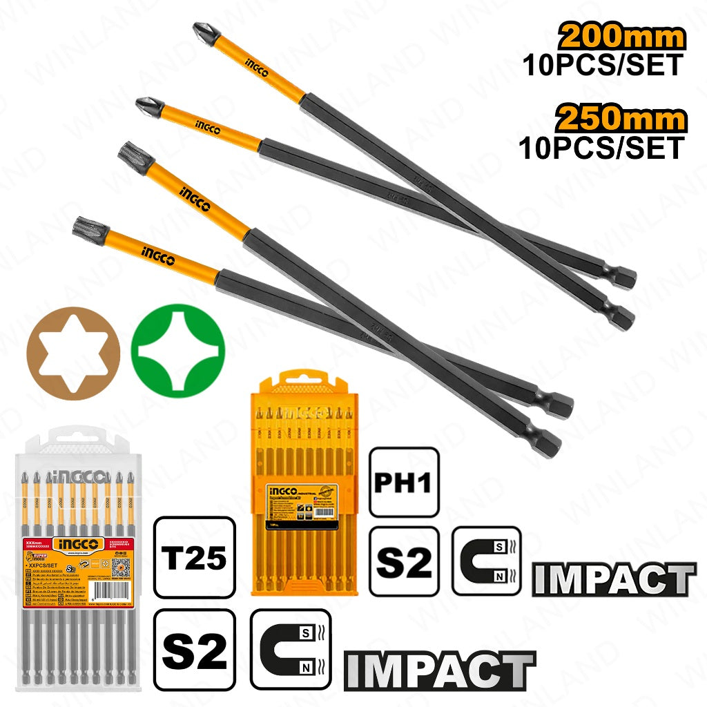 Ingco by Winland 10Pieces S2 Impact Screwdriver Bits PH1 x 200mm / PH1 x 250mm / T25 x 250mm ING-HT