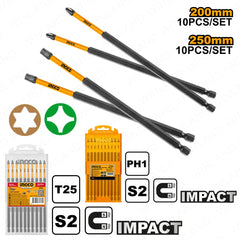 Ingco by Winland 10Pieces S2 Impact Screwdriver Bits PH1 x 200mm / PH1 x 250mm / T25 x 250mm ING-HT