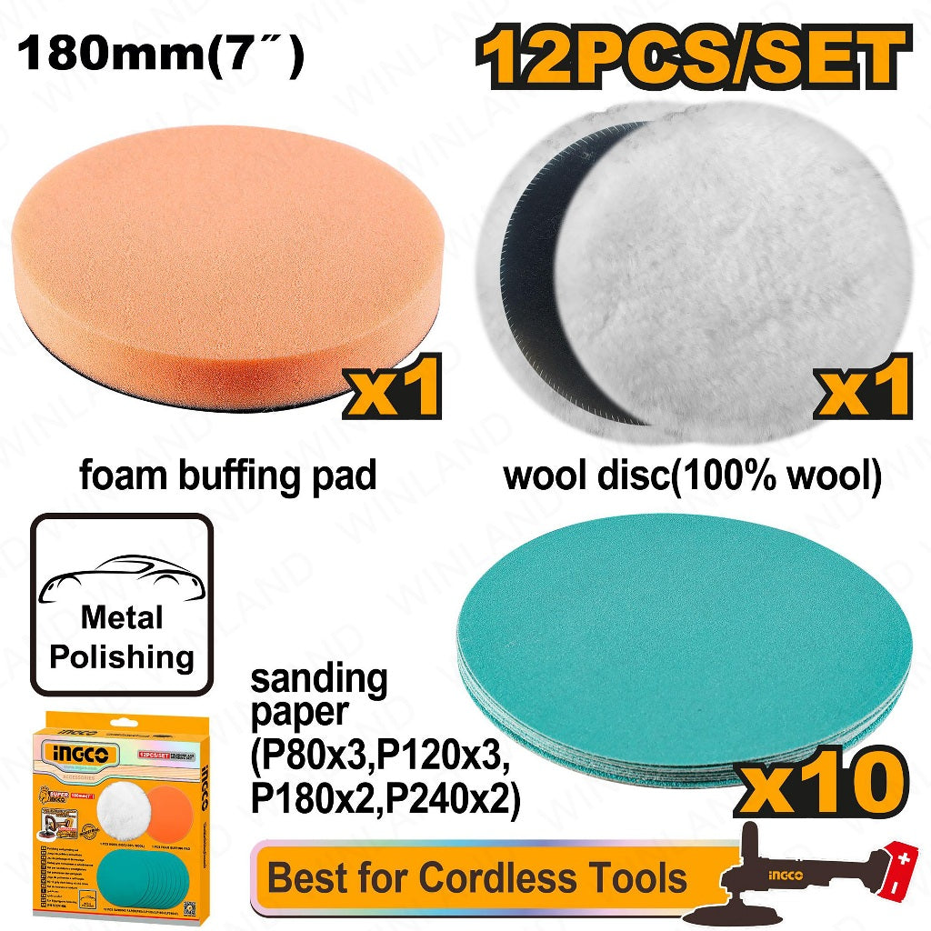 Ingco by Winland 12PCS/Set (7inches/180mm) Polishing and Grinding Set APG18012 ING-HT
