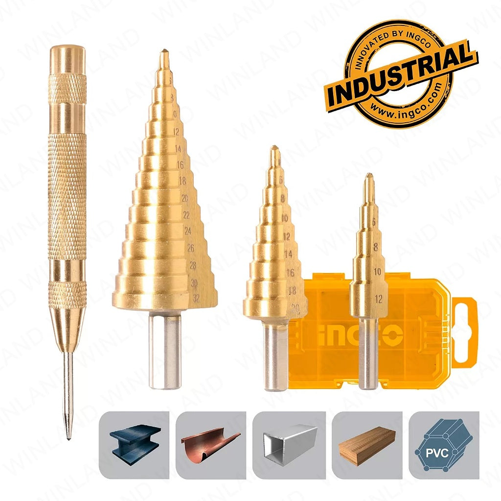 Ingco by Winland 3PCS/Set HSS 4341 Material Step Drill Bit with 1PC Automatic Center Punch AKSDS2041