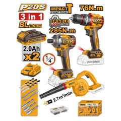 Ingco by Winland P20S/20V 3PCS Combo Kit w/ Li-Ion Compact Brushless Cordless Impact Drill ING-CT