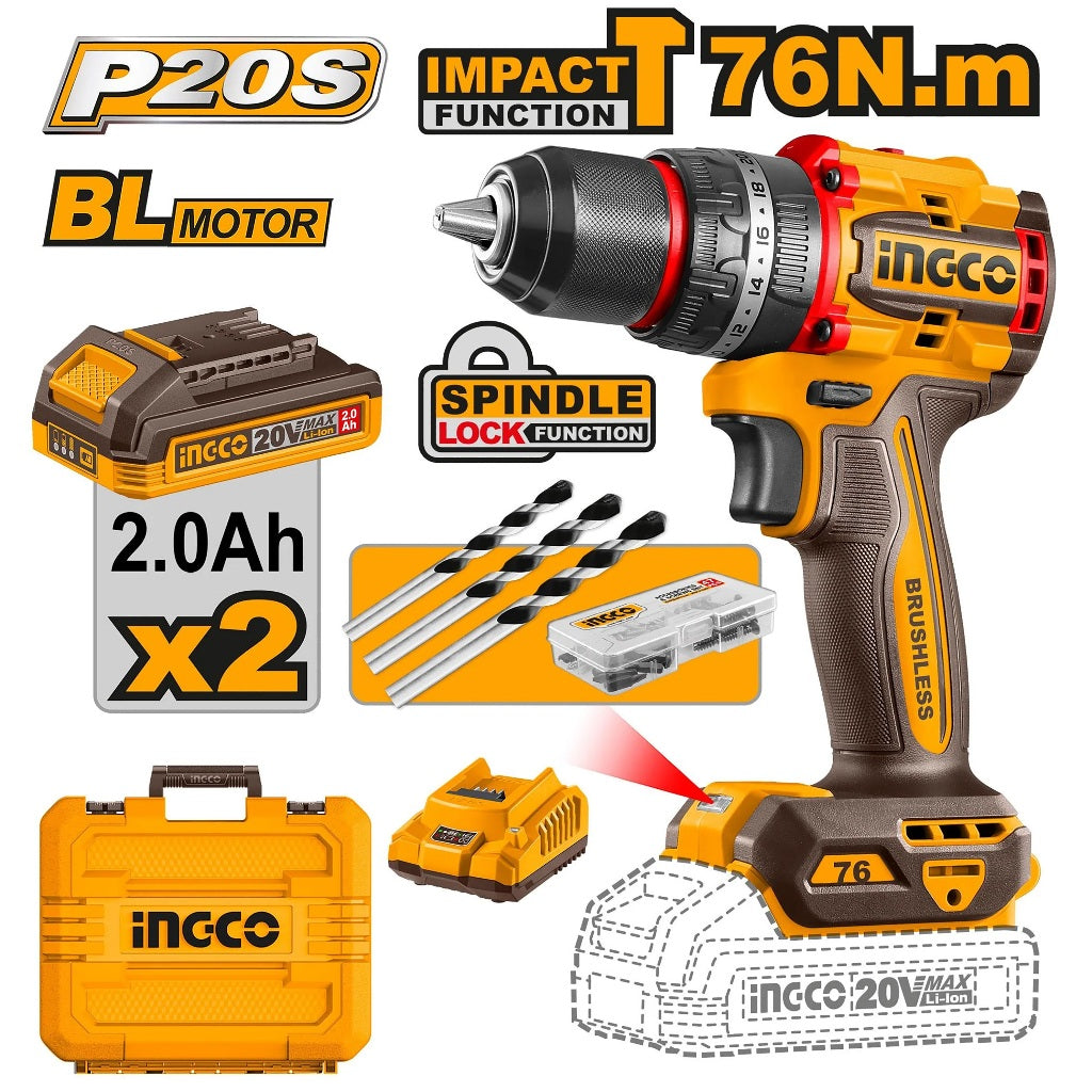 Ingco by Winland P20S/20V Lithium-Ion 76Nm Brushless Cordless Impact Drill CIDLI20768 ING-CT