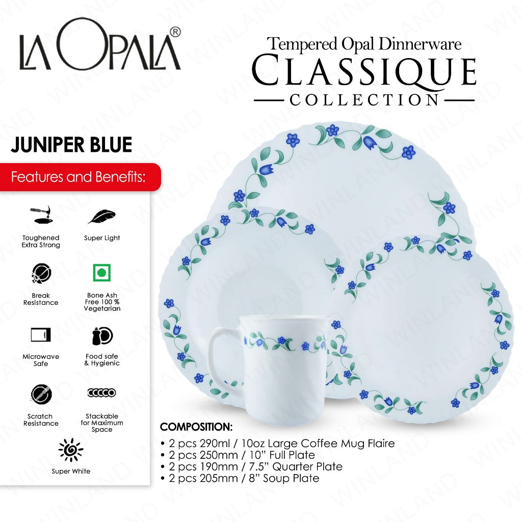 La Opala by Masflex 8PCS/Set Classique Decorated Tempered Glass/Microwave Safe Juniper Blue OP-8JB