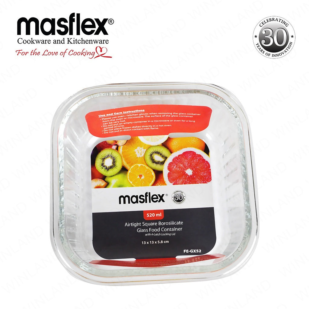 Masflex by Winland Airtight Square Borosilicate Glass Food Container with 4-Latch Locking Lid