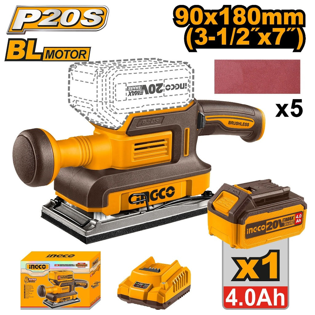 Ingco by Winland P20S/20V Lithium-Ion Cordless Finishing Sander (90mm x 180mm-3-1/2" x 7") ING-CT