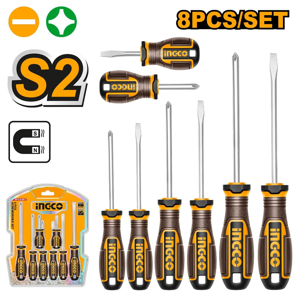 Ingco by Winland 8Pieces S2 Material & Round Handle Screwdriver Set HKSDS0828 ING-HT