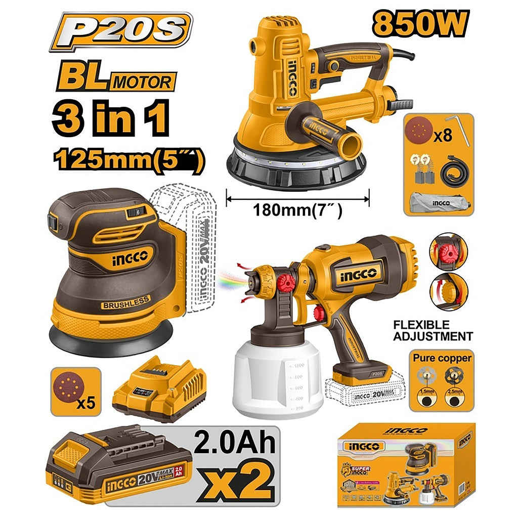 Ingco by Winland P20S/20V 3PCS Combo Kit with Lithium-Ion Cordless Random Orbital Sander ING-CT