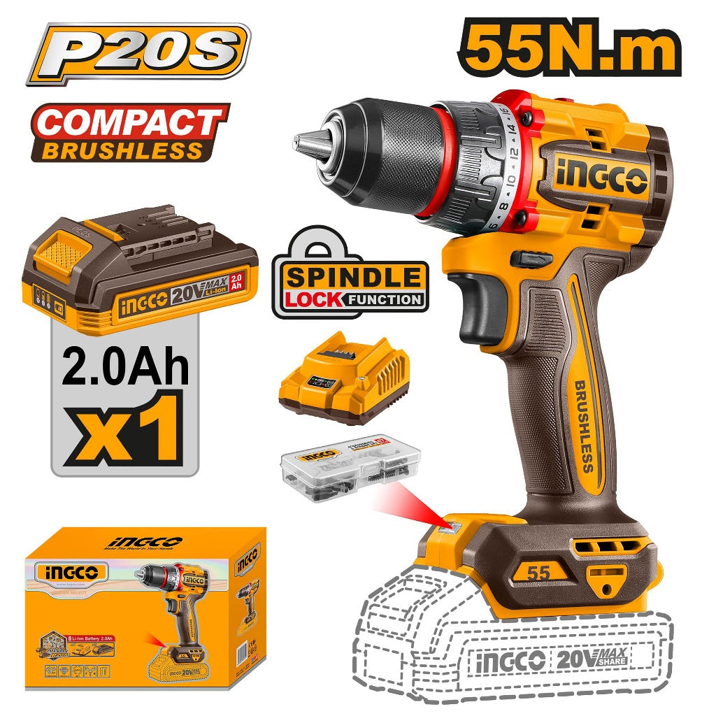 Ingco by Winland P20S/20V Lithium-Ion Compact Brushless Cordless Drill 55NM CDLI205582 | CDLI205581