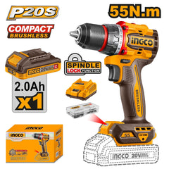 Ingco by Winland P20S/20V Lithium-Ion Compact Brushless Cordless Drill 55NM CDLI205582 | CDLI205581