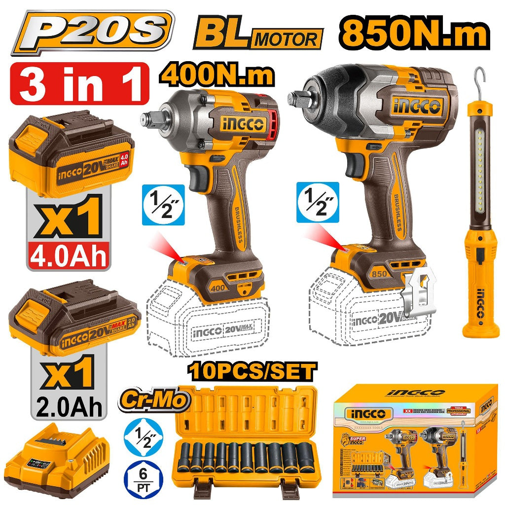 Ingco by Winland P20S/20V 3PCS Combo Kit w/ Li-Ion Cordless Impact Wrench & Fastening Torque 400Nm