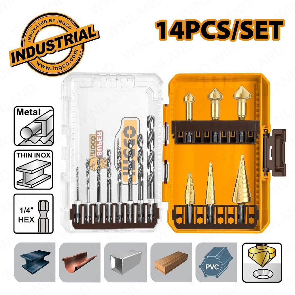 Ingco by Winland 14PCS/Set 4341 Hss Drill Bits and Step Drill Bits Set AKDL61401 ING-HT