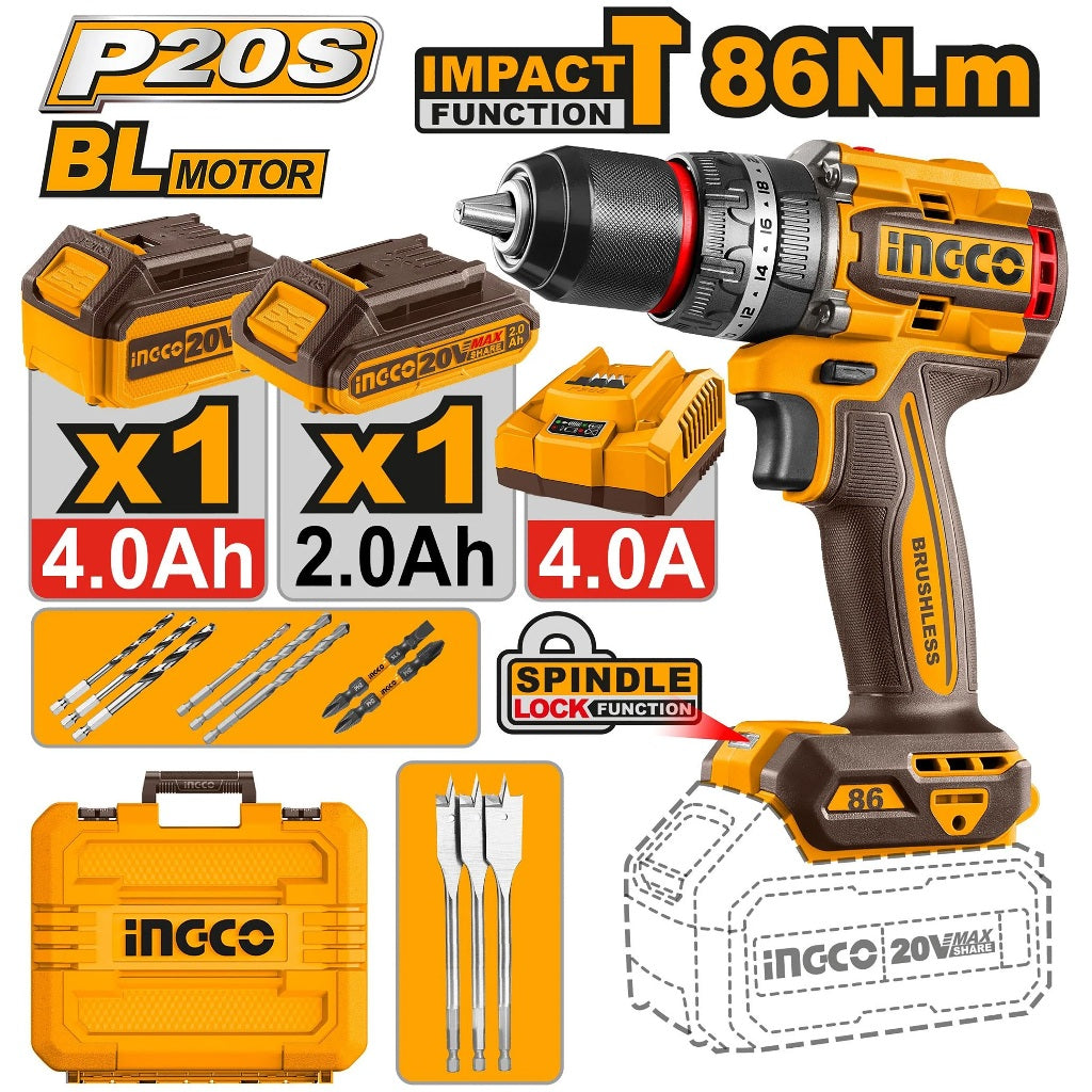 Ingco by Winland P20S/20V Lithium-Ion Brushless Cordless Impact Drill 86NM CIDLI20868 ING-CT