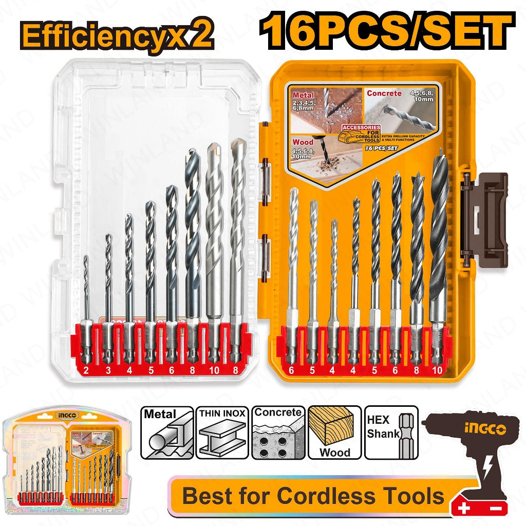 Ingco by Winland 16PCS/Set Metal, Masonry, and Wood Drill Bits Set with Hex Shank AKDL11608 ING-HT