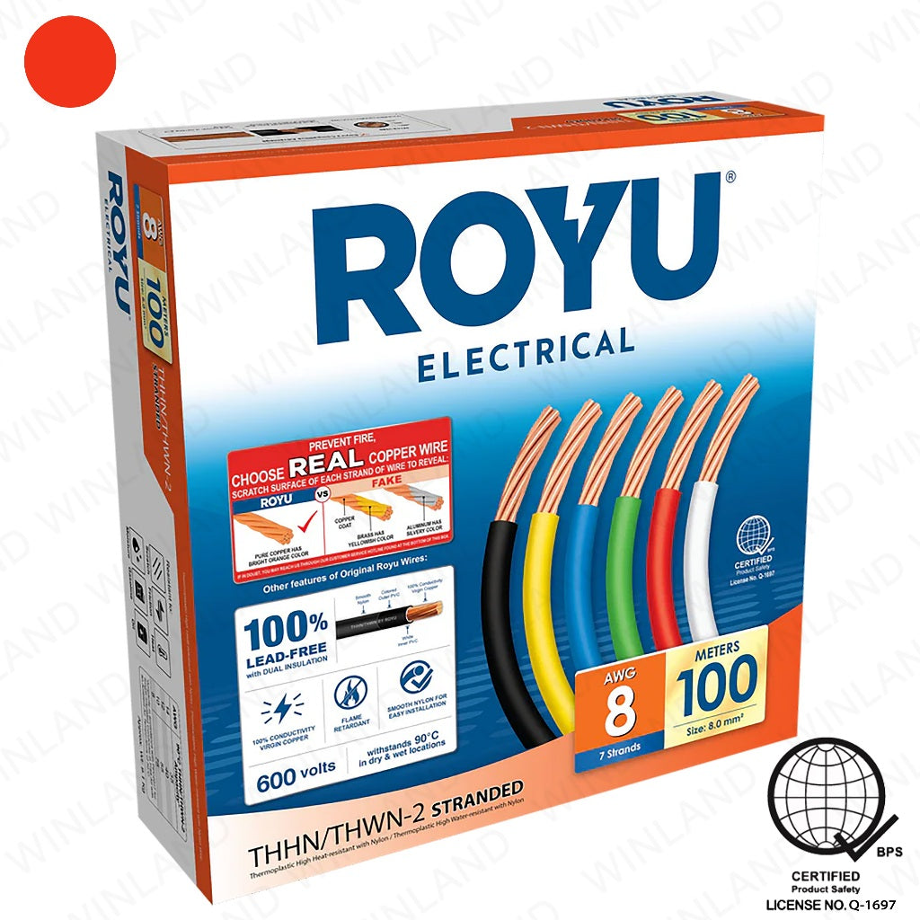 Royu by Winland THHN/THWN Stranded Wire 8.0mm2 08-AWG Stranded 100 meters Pure Copper RTN8A