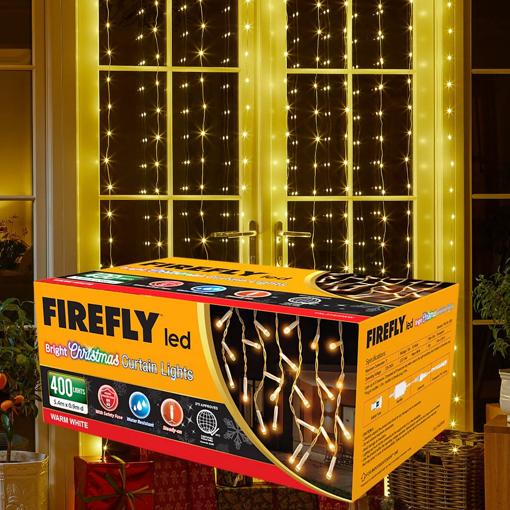 Firefly by Winland LED Christmas Curtain Lights Warm White Steady 30W 400-Lights 5.4m x 0.9m