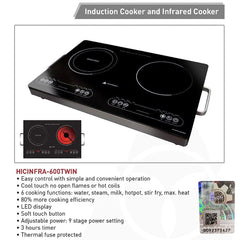 Hanabishi by Winland LED Display Twin Induction/Infrared Cooker 6 Cooking Functions HICINFRA-600TWIN